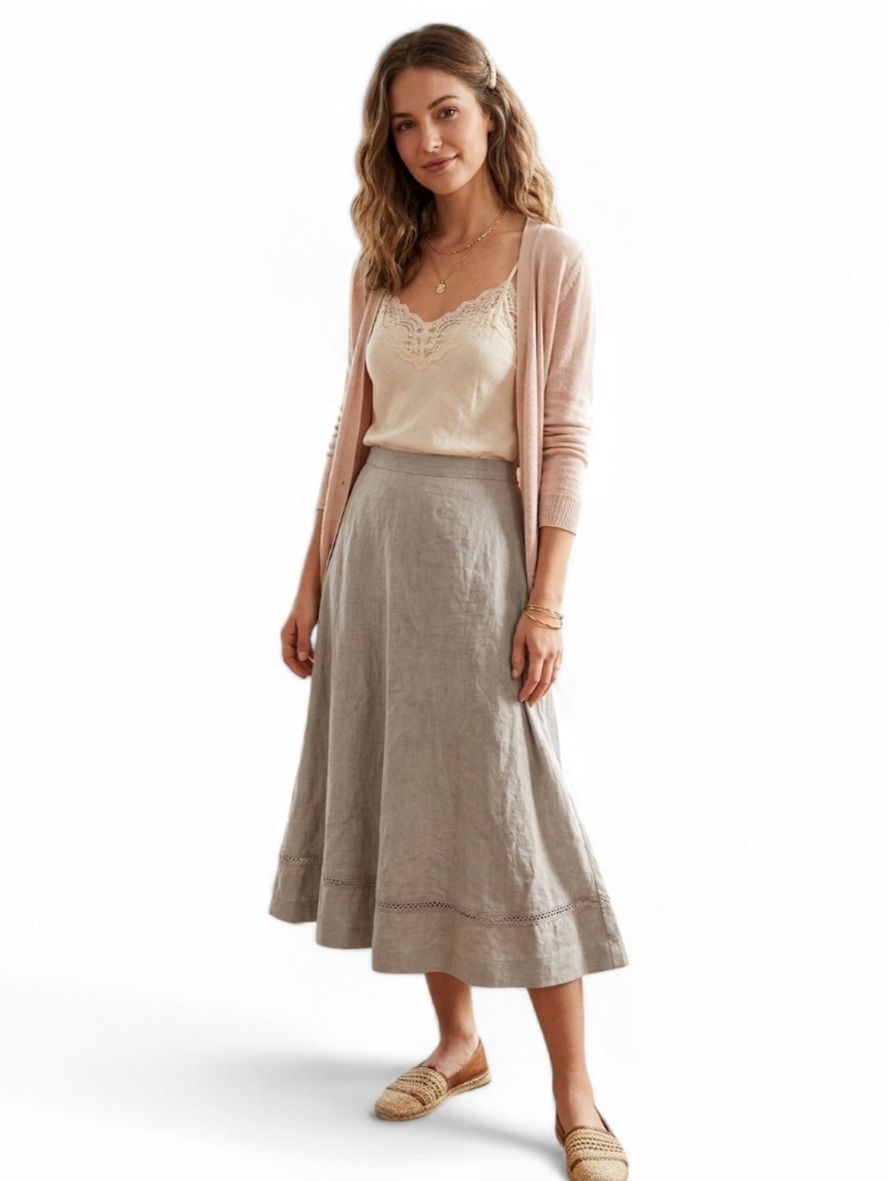Vanity Fair Linen Blend Midi Skirt Beige Tan Embroidered Hem Petite 16P